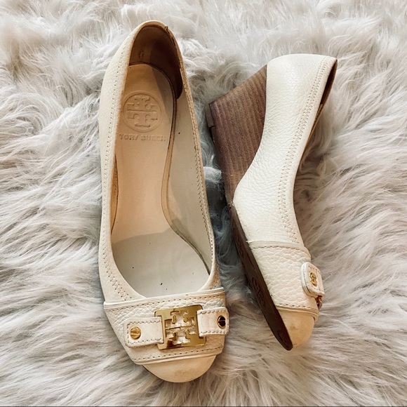 Tory Burch Shoes - Tory Burch Carnell White Leather Logo Wedges